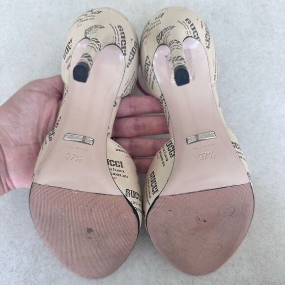 Gucci Apollo Gucci Stamp Print Beige Leather Logo Ankle Strap Pumps EU37.5 US7.5 - Picture 11 of 12